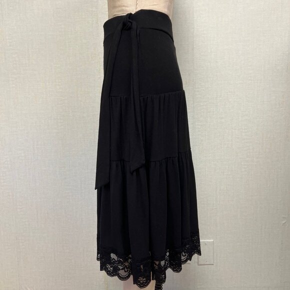 EUC Boho Tiered Black Boho Lace Trim Faux Waist Tie Small Petite Skirt - Picture 3 of 5